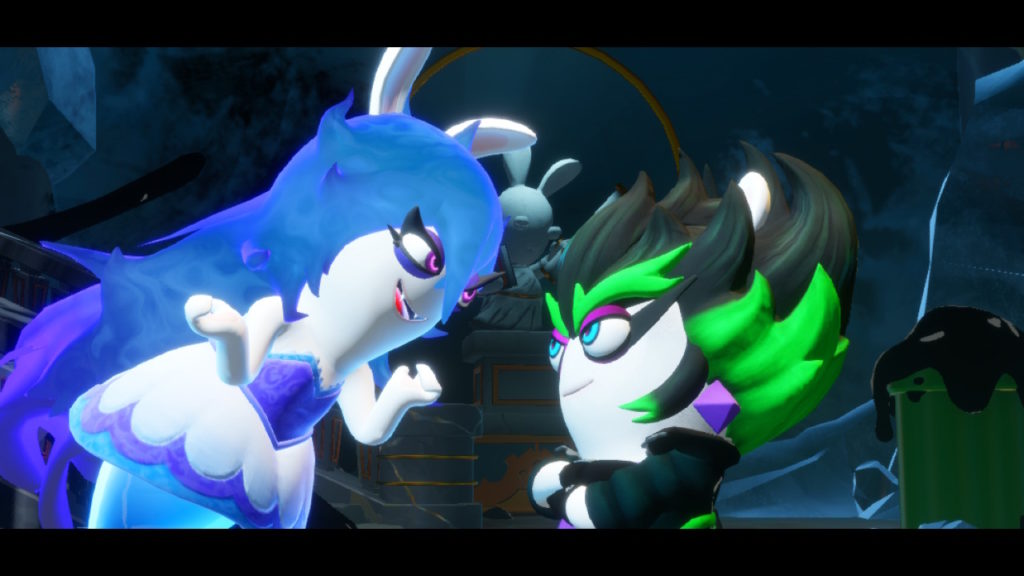 A blue ghost rabbid and a rabbid with black and green hair stare each other down