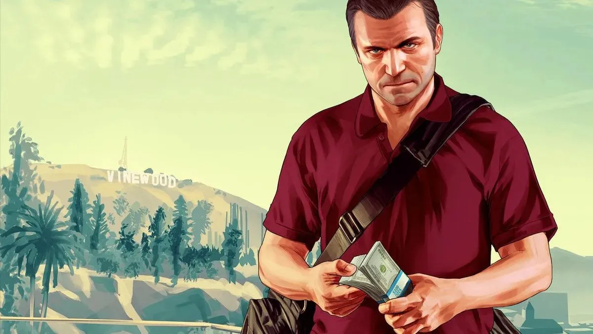 Michael from GTA 5 in the series' iconic comic style. He's standing counting a wad of cash