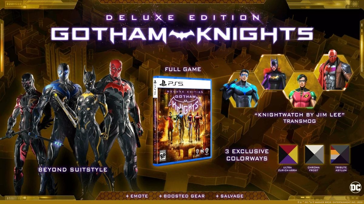 A promo image for the Gotham Knights deluxe edition showing various character outfits included