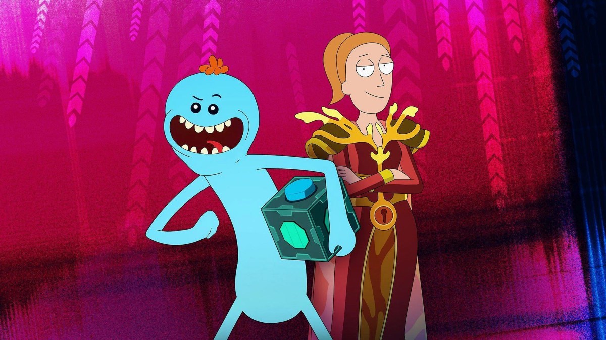 A promo image for Mr. Meeseeks and Queen Summer, with the characters standing next to each other