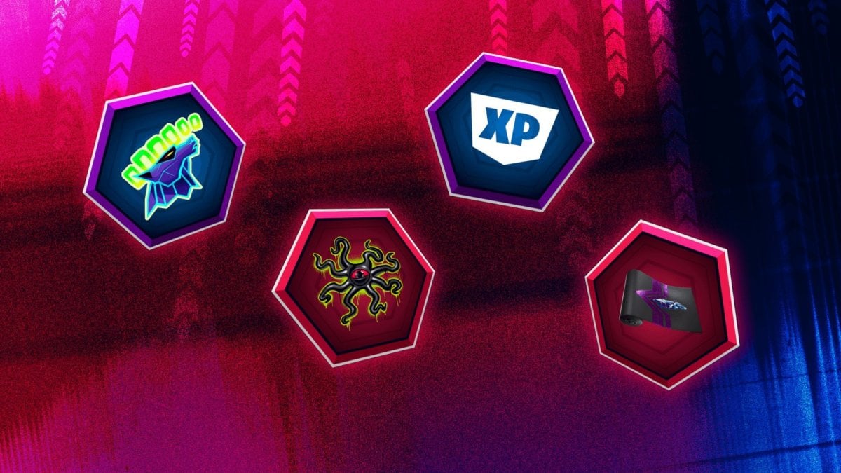 A promo image from Fortnite showing different a wolf howling spray, xp bonuses, an octupus spray, and a black wrap with a purple line going through it
