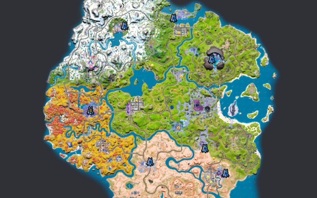 An image of Fortnite's map showing the different Alteration Altar locations