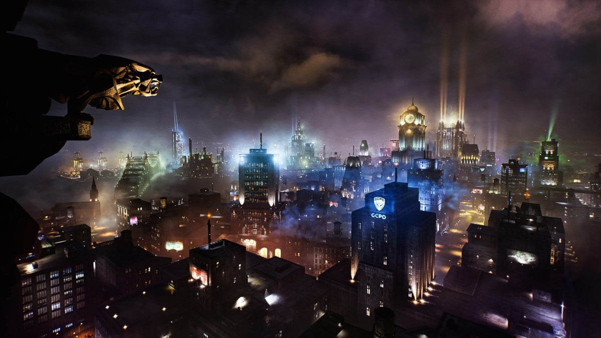 An overview of Gotham city with different buildings lit up across the city