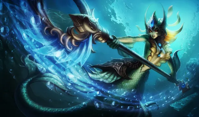 Nami resembles a mermaid, complete with a crown depicting her royal status. She wields a staff that gives her command over water.