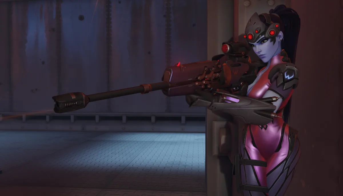 Widowmaker, a hero in Overwatch 2, standing in pink armor and aiming her sniper rifle.