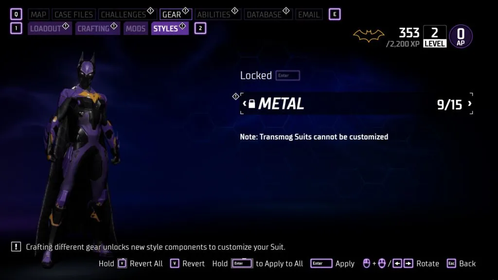 A screengrab from Gotham Knights showing a completely metal version of Batgirl's costume, alternating purple and black, with the helmet covering her face completely.