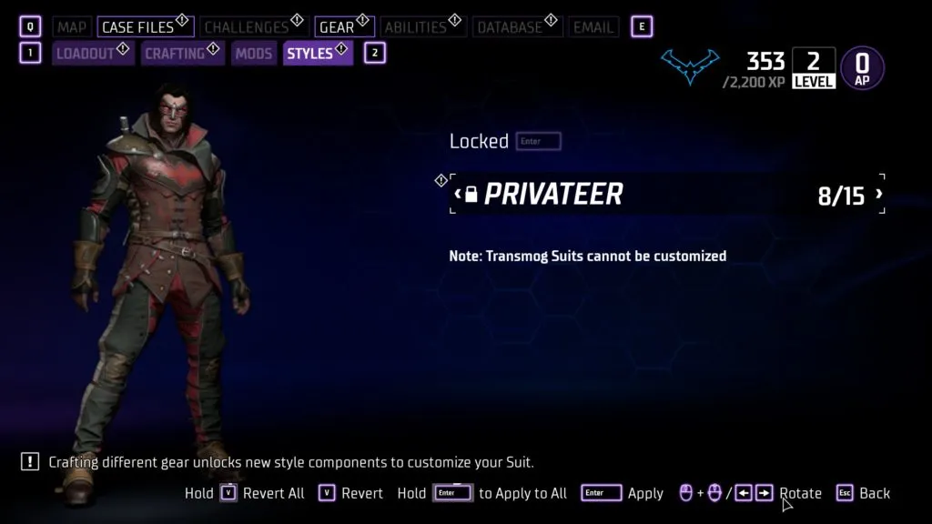 A screengrab from Gotham Knights showing the Pirate-looking red Privateer skin for Nightwing