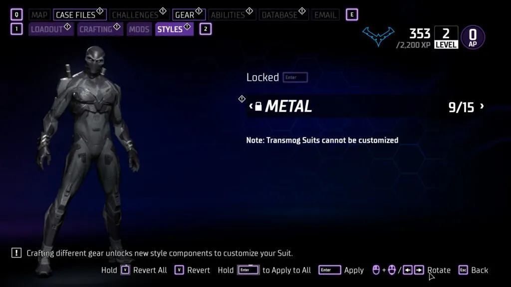 A screengrab of a Nightwing costume made out of grey metal