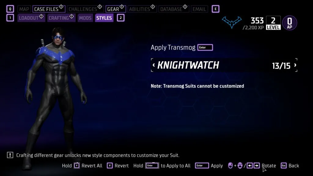 A screengrab from Gotham Knights showing Nightwing in a classic black and blue costume