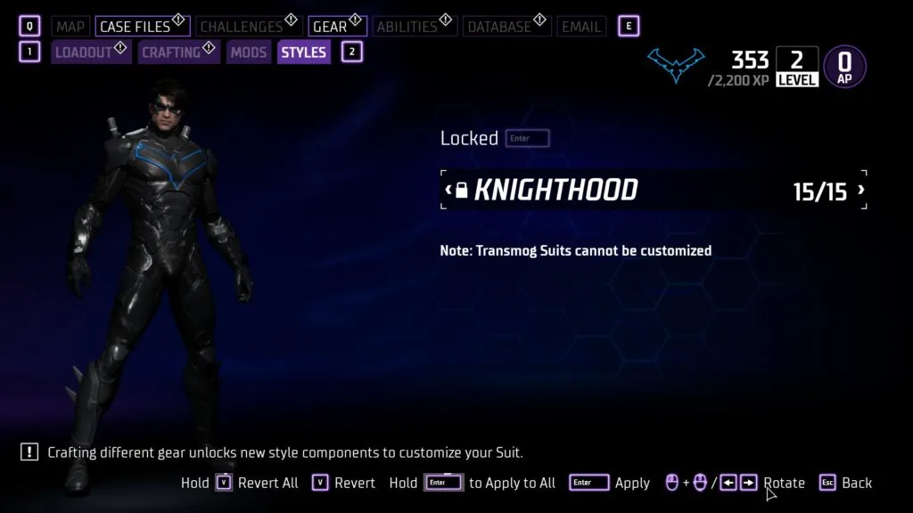 A screengrab from Gotham Knights showing Nightwing in an all-black suit with a blue outlining of his symbol and spikes on the back of his boots