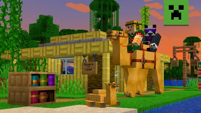 Two minecraft players riding a camel near a player built house