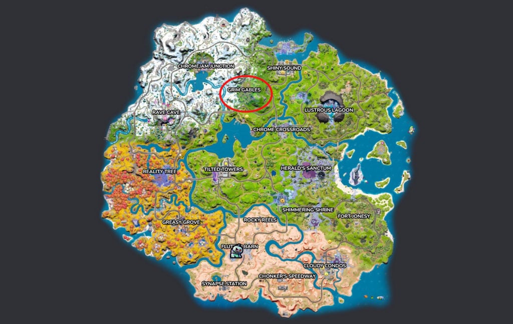 A screengrab of the Fortnite map showing Grim Gables circled