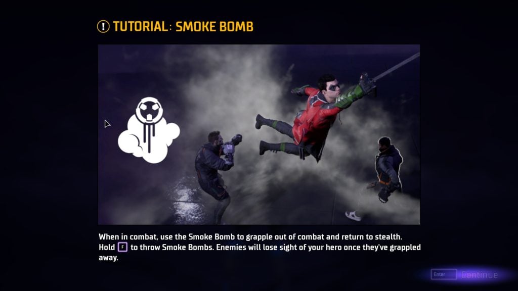 A screengrab from Gotham Knights showing the Smoke Bomb grappling tutorial