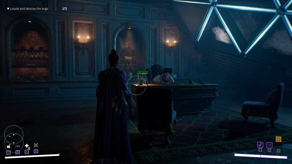 A screengrab from Gotham Knights showing Batgirl standing in Penguin's office, with Penguin working at his desk