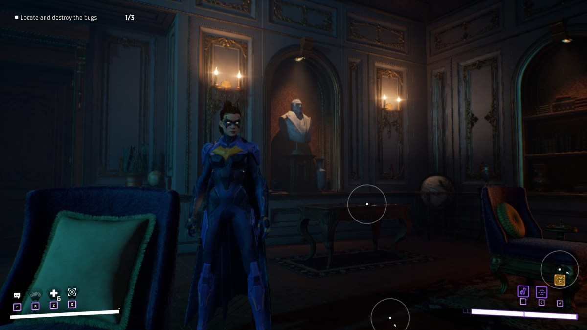 A screengrab from Gotham Knights showing Batgirl in Penguin's office