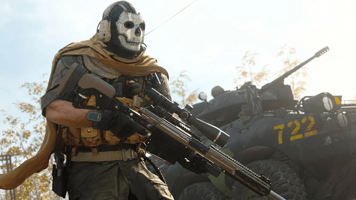 A picture of a character from Call of Duty Ghosts holding a sniper rifle and wearing a mask