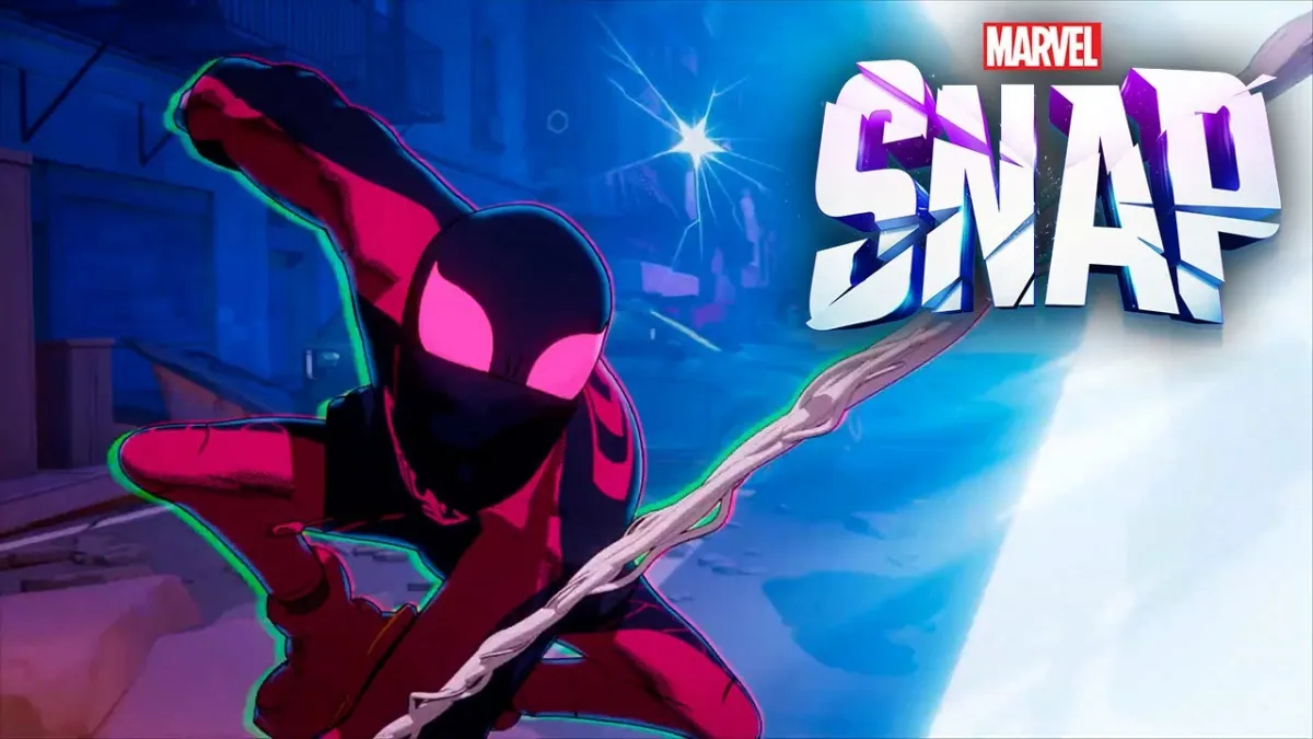 Miles Morales' Spider-Man swings on a web in Marvel Snap.