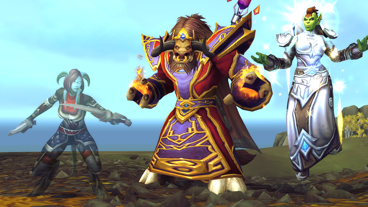 A Warcraft Promóciós World of Warcraft Dragon Flight kép, amely bemutatja a legújabb faji/osztálykombinációkat, mint például a Tauren Mage, a Draenei Rogue és mások