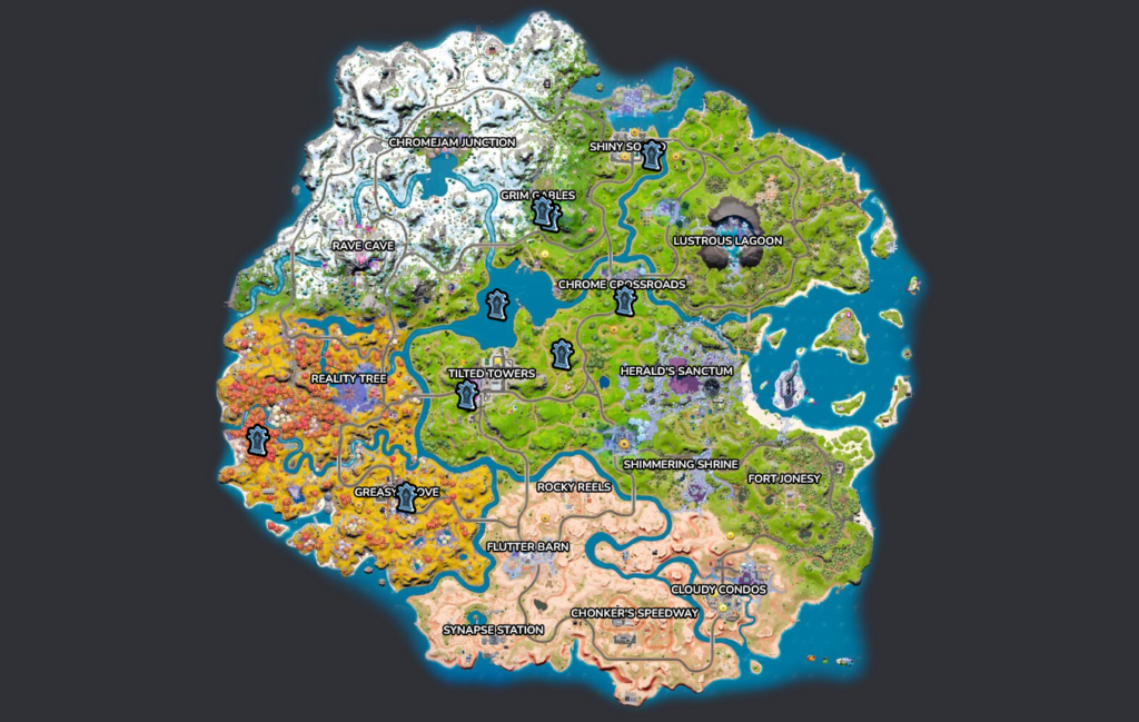 A screengrab from Fortnite.gg that shows Fortnite's current map with icons showing where different gravestones are on the map