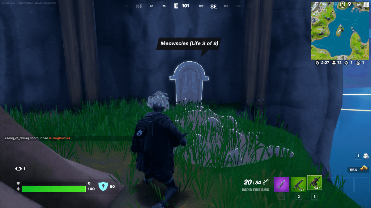 A screengrab from Fortnite showing a character standing in front of a headstone that reads "Meowscles Life 3/9"