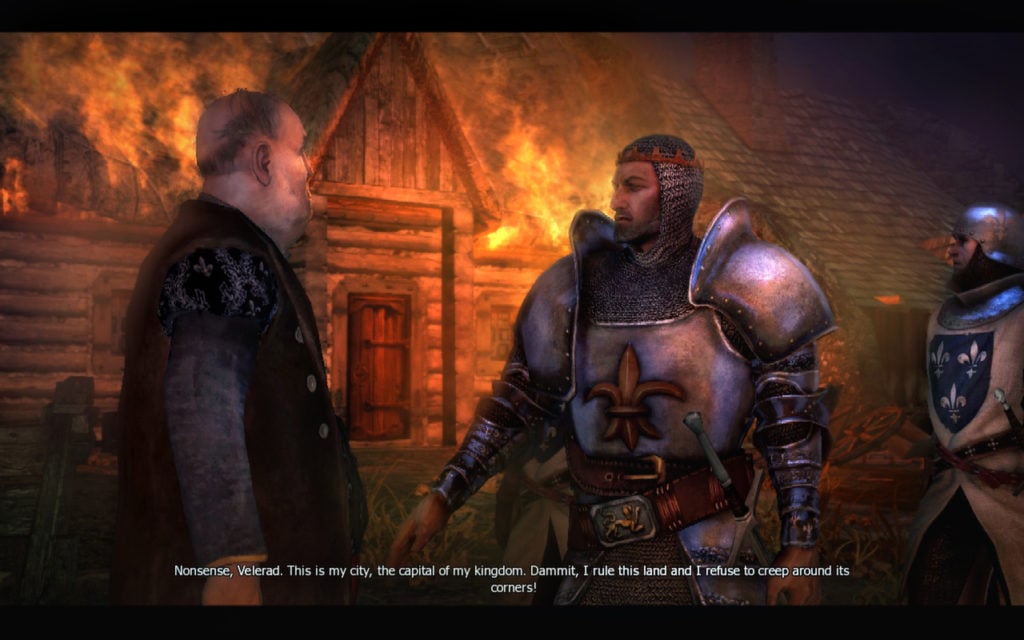 A screengrab of a noble standing in front of a building on fire stating 