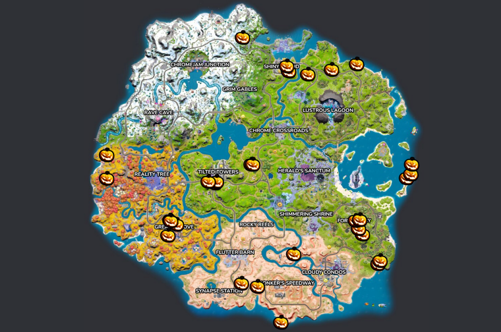 An image from Fortnite showing all Jack-o-Lantern locations across the map
