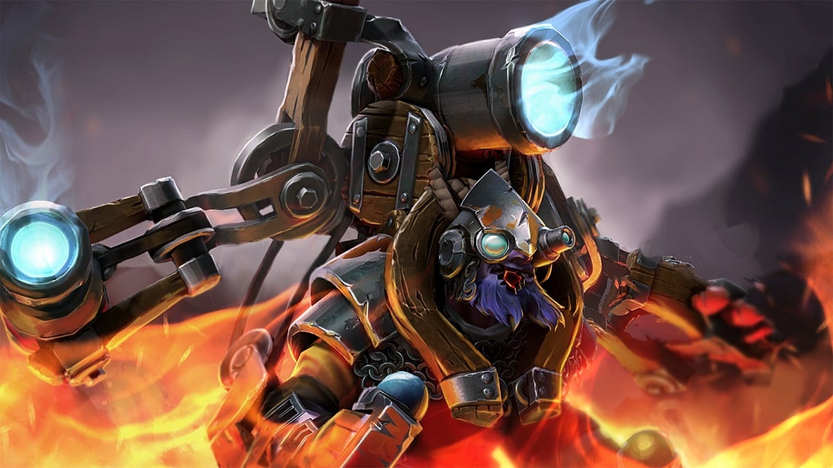 Tinker, a hero from Dota 2, stands with fire swirling around him.