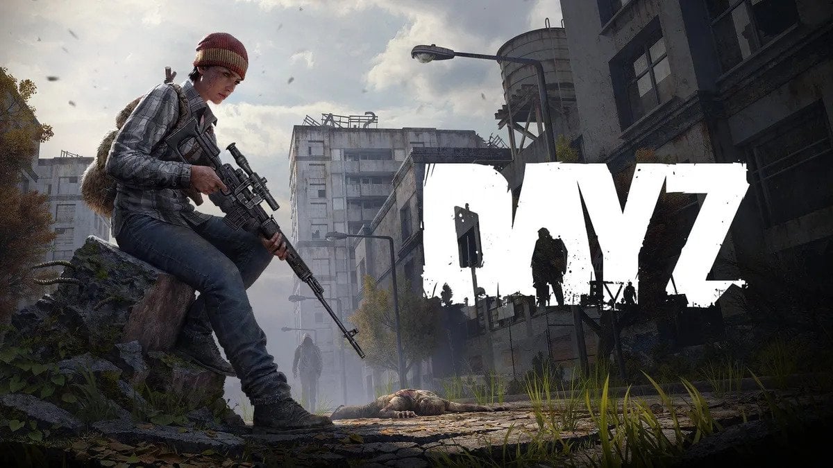 DayZ key art showing a character with a rifle with a city in the background