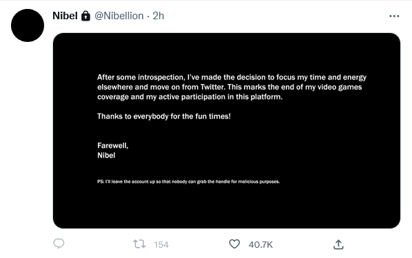 A screengrab of Nibellions farewell post on his now private Twitter