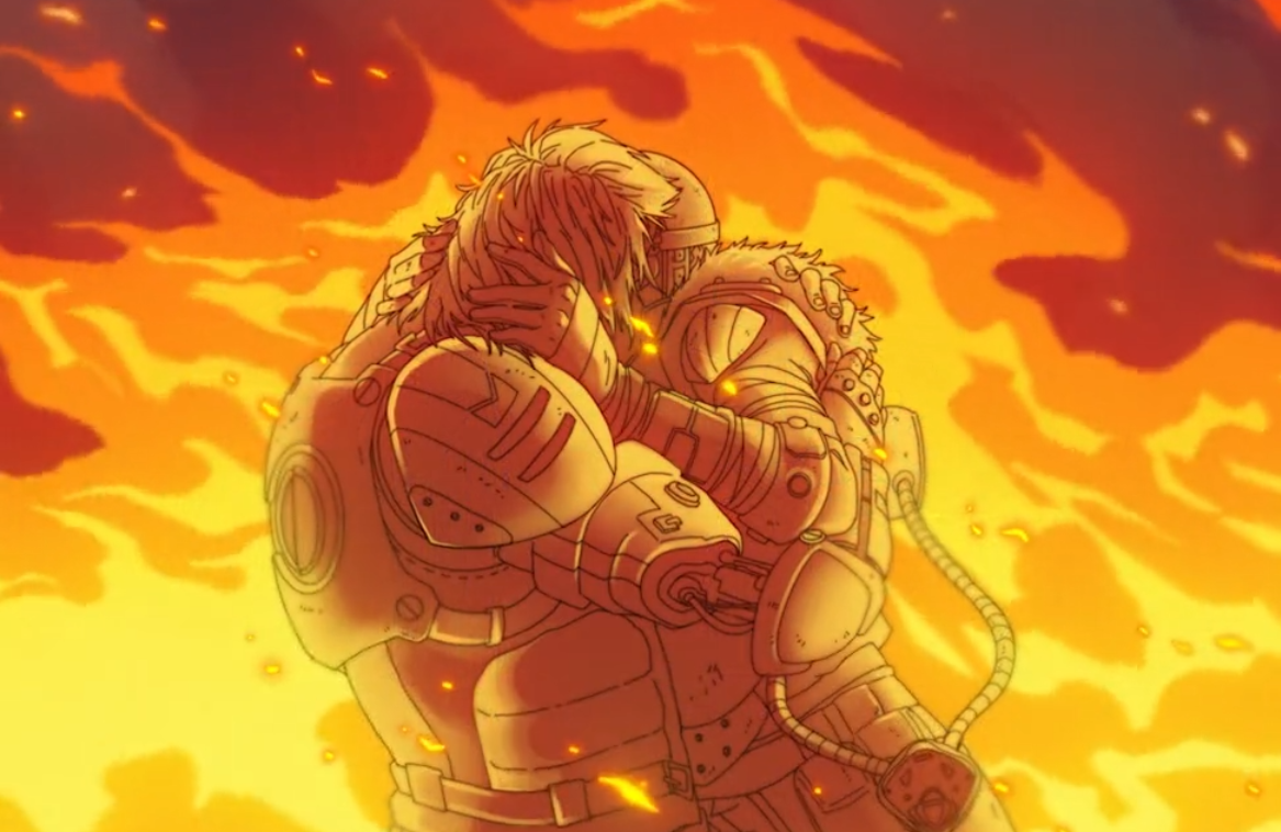 Fuse and Bloodhound kiss while a large flame rages on behind them.