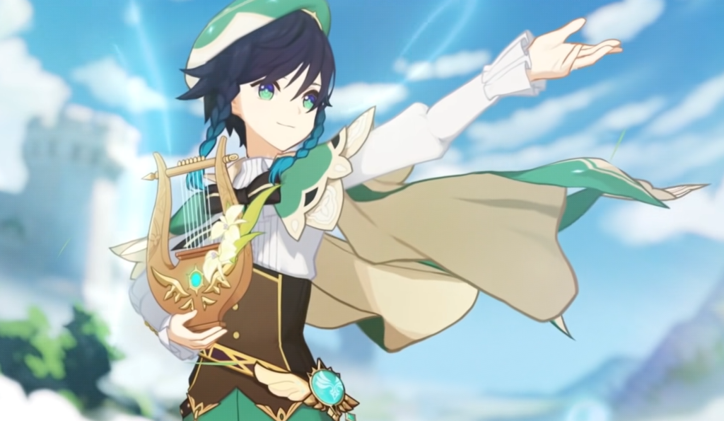 Venti holding his harp in one hand and holding out the other while smiling.