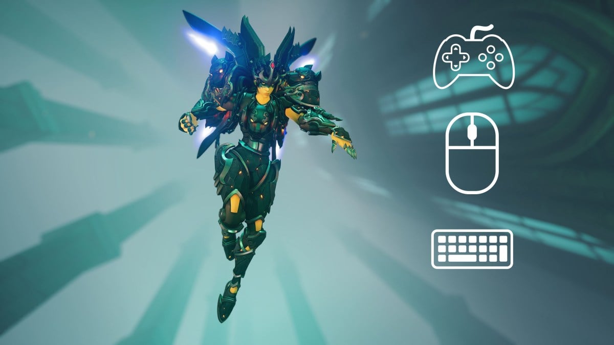 Pharah from Overwatch 2 hovers with her jetpack while an image of a controller, mouse, and keyboard hover nearby.