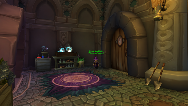 An in-game screenshot of Linzy Blackbolt, the Alchemy Trainer found in Dalaran's Magus Commerce Exchange