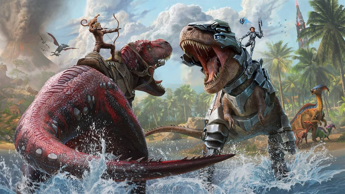 two dinosaurs fighting in the wilderness with warriors atop them