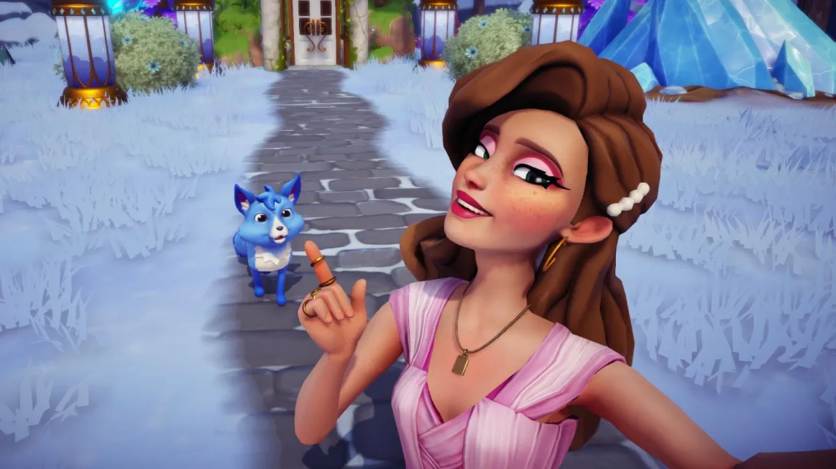 The player taking a selfie with a blue fox.