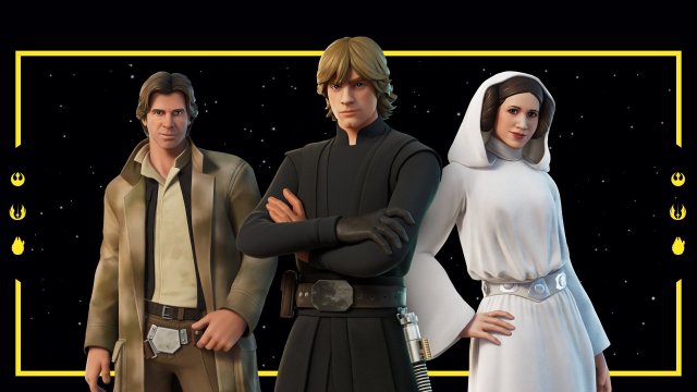 Luke, Leia, and Han Solo standing together against a black backdrop