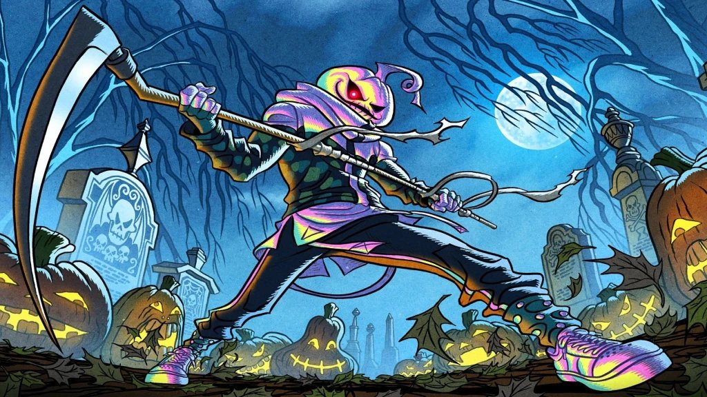 A loading screen image from Fortnite showing a Chrome humanoid with a pumpkin for a head and a scythe, standing in a Pumpkin patch