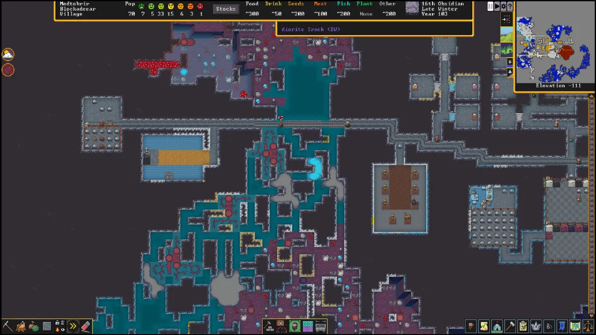 A screengrab from Dwarf Fortress showing a settlement with tunnels and more