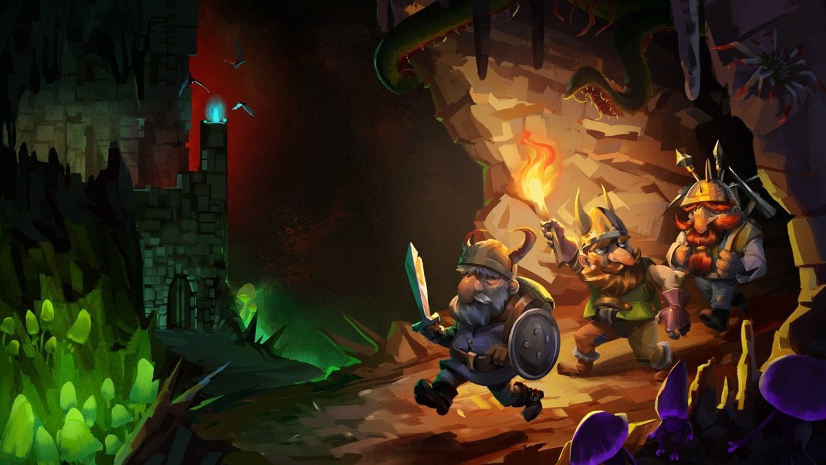 A key art image for Dwarf Fortress hsowing three dwarves walking through a dark cave