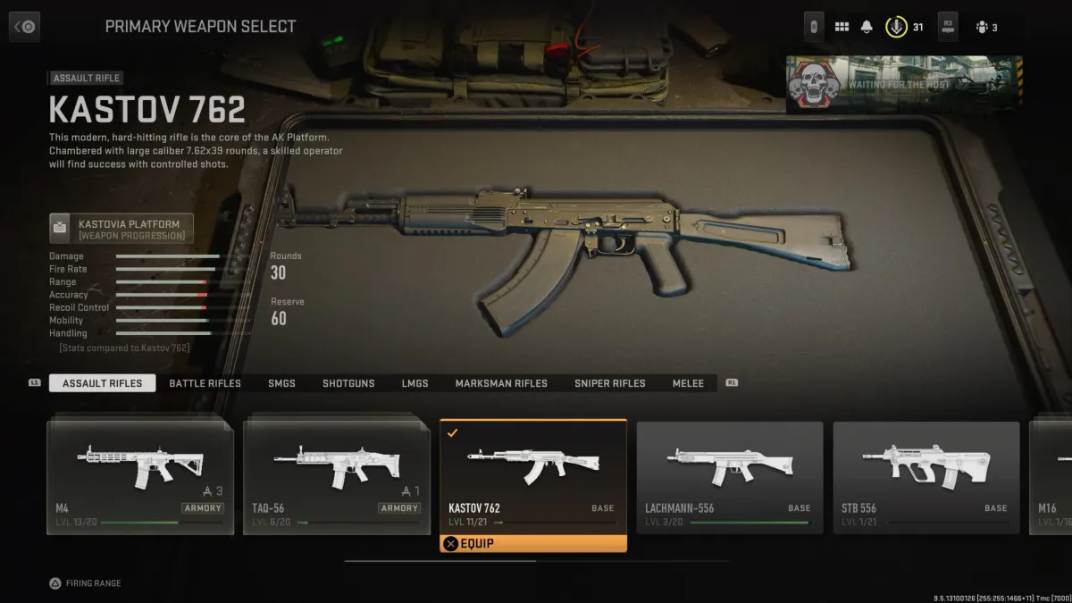 The Gunsmith menu showcasting a Kastov 762, an assault rifle from Call of Duty Modern Warfare 2.
