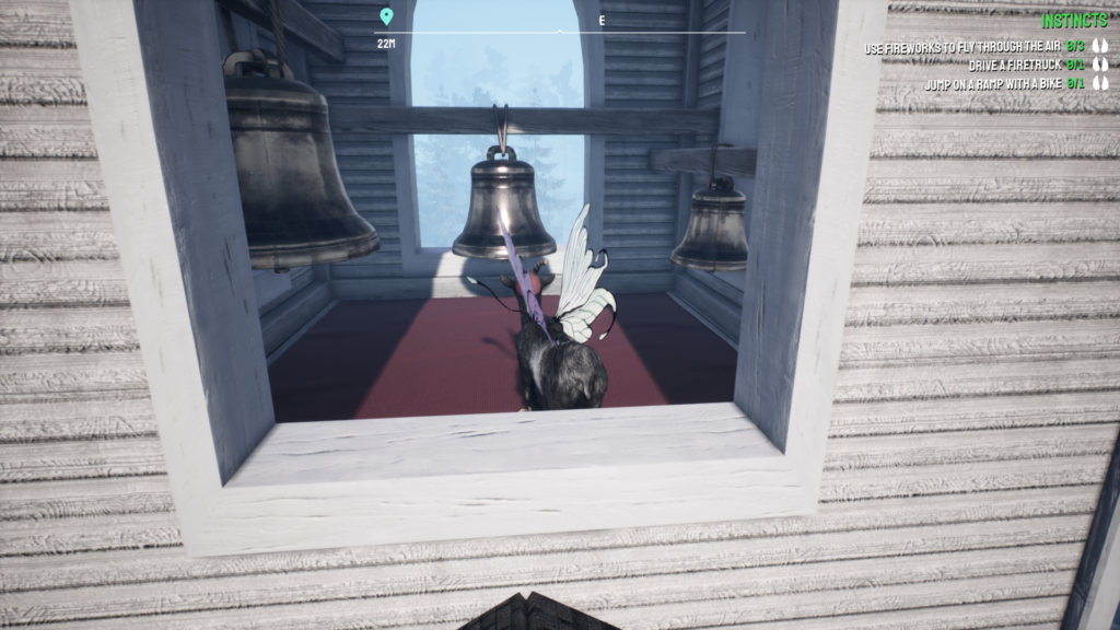 A screengrab from Goat Simulator 3 showing three bells in a bell tower