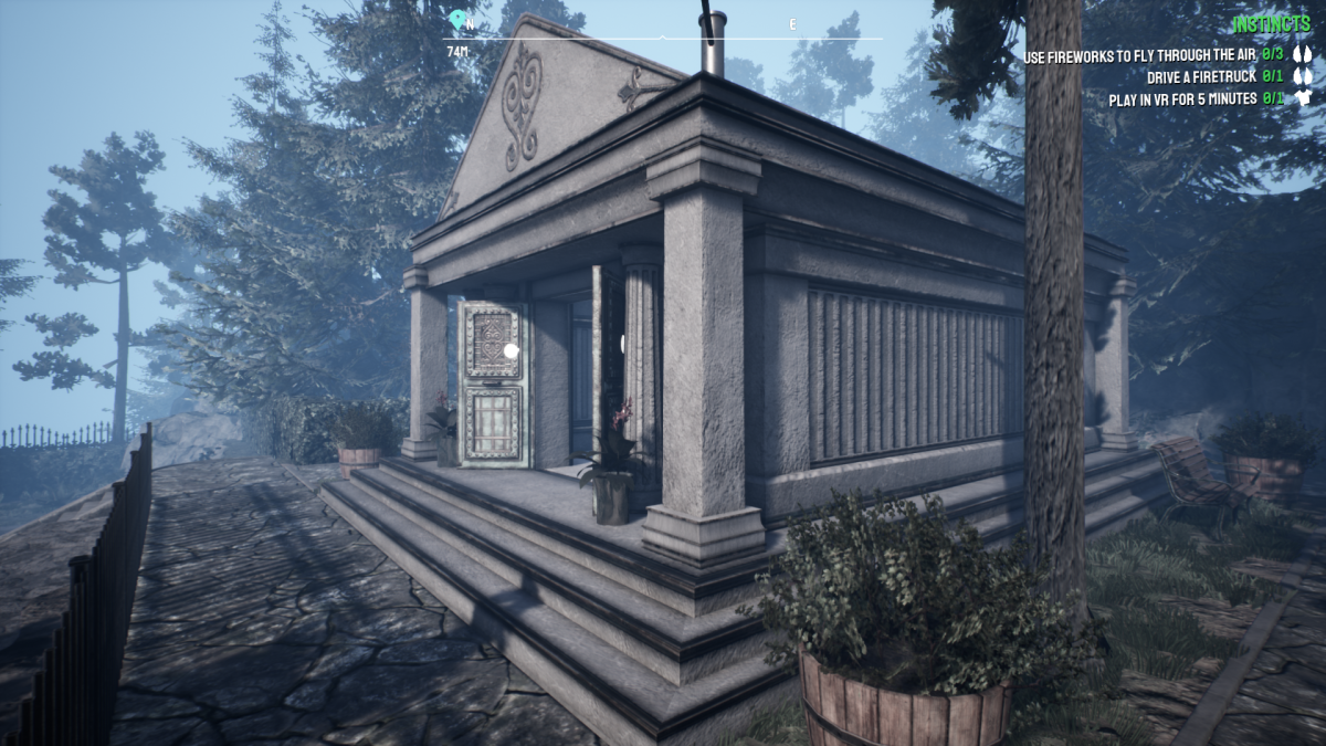 A screengrab from Goat Simulator 3 showing a large mausoleum with the doors open