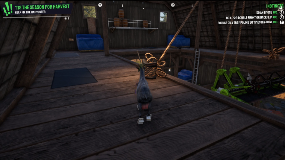 A screengrab from Goat Simulator 3 showing a rope holding up a harvester attachment for a tractor