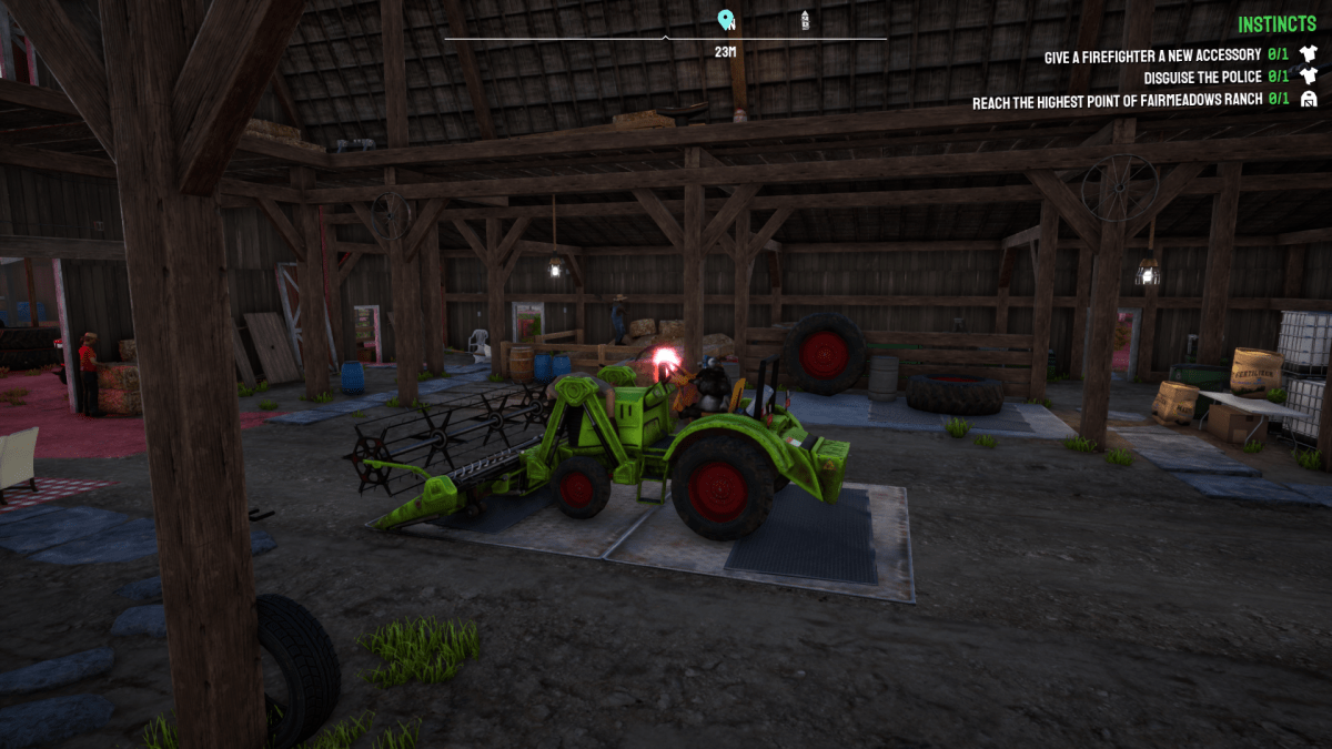 A screengrab from Goat Simulator 3 showing a goat riding on a tractor