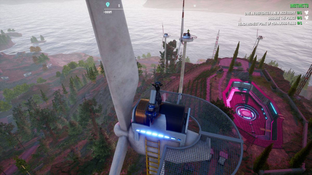 A screengrab from Goat Simulator 3 showing multiple windmills with batteries