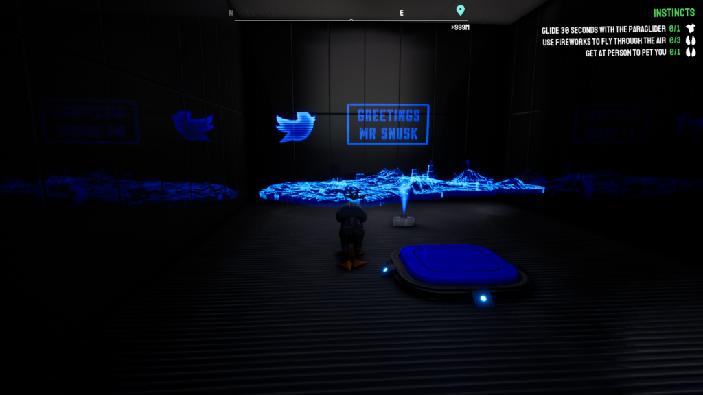 A screengrab from Goat Simulator 3 showing holograms of the game's map and a tweet that says 