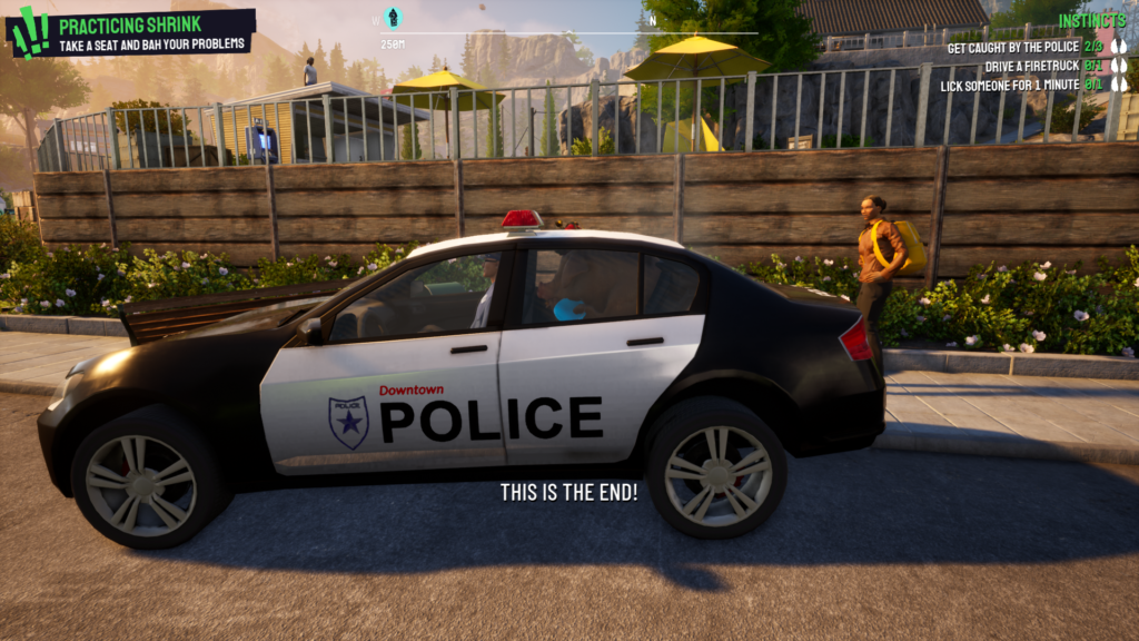 A screengrab from Goat Simulator 3 that shows a large pig in the back of a cop car