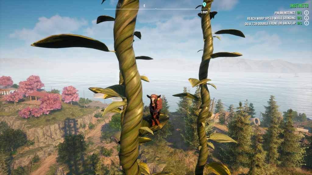 A screengrab from Goat Simulator 3 showing a goat standing on a leave on a beanstalk