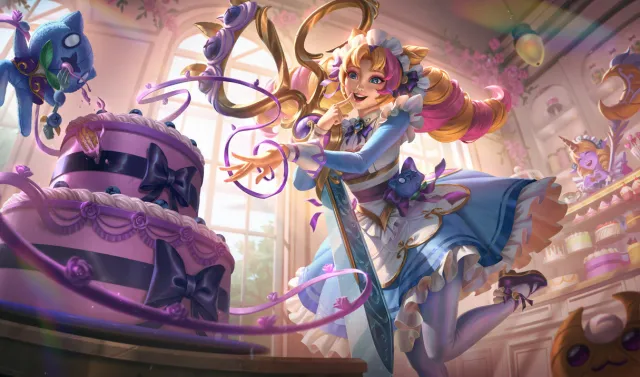Cupcake Gwen looks down at a huge cake in League of Legends