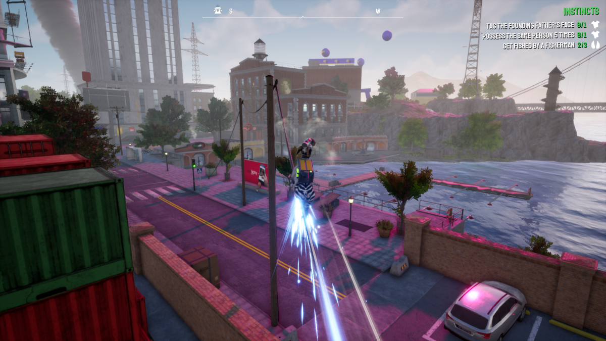 A screengrab from Goat Simulator 3 showing the goat grinding on a power line with blue sparks behind her